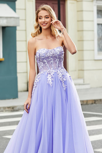 Gorgeous A Line Off the Shoulder Lavender Corset Prom Dress with Appliques