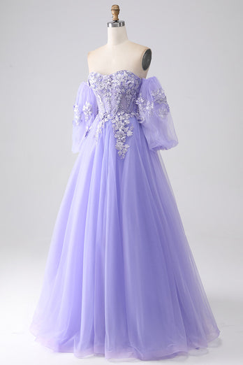 Lavender A-Line Strapless Tulle Long Formal Dress with Sleeves