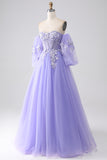 Lavender A-Line Strapless Tulle Long Formal Dress with Sleeves