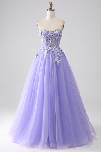 Lavender A-Line Strapless Tulle Long Formal Dress with Sleeves