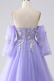 Lavender A-Line Strapless Tulle Long Formal Dress with Sleeves