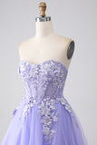 Lavender A-Line Strapless Tulle Long Formal Dress with Sleeves