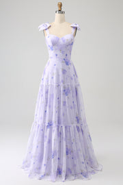 Lilac Corset Floral A-Line Long Formal Dress