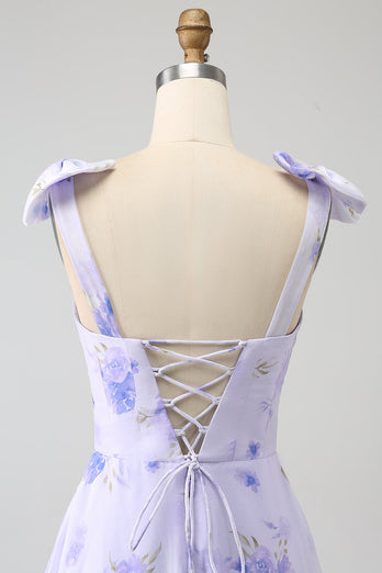 Lilac Corset Floral A-Line Long Formal Dress