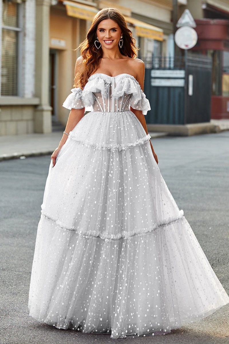 Load image into Gallery viewer, White Off the Shoulder Corset Polka Dots Long Formal  Dress