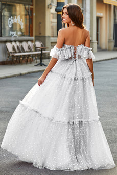 Ivory Off the Shoulder Polka Dots Ruffled Wedding Dress