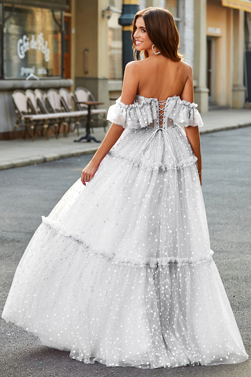 Load image into Gallery viewer, Ivory Off the Shoulder Polka Dots Ruffled Wedding Dress