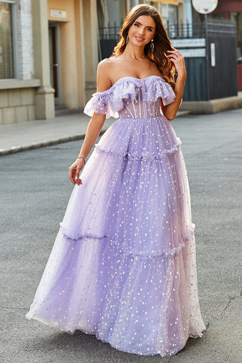 Off The Shoulder Lilac Corset A-Line Long Formal Dress