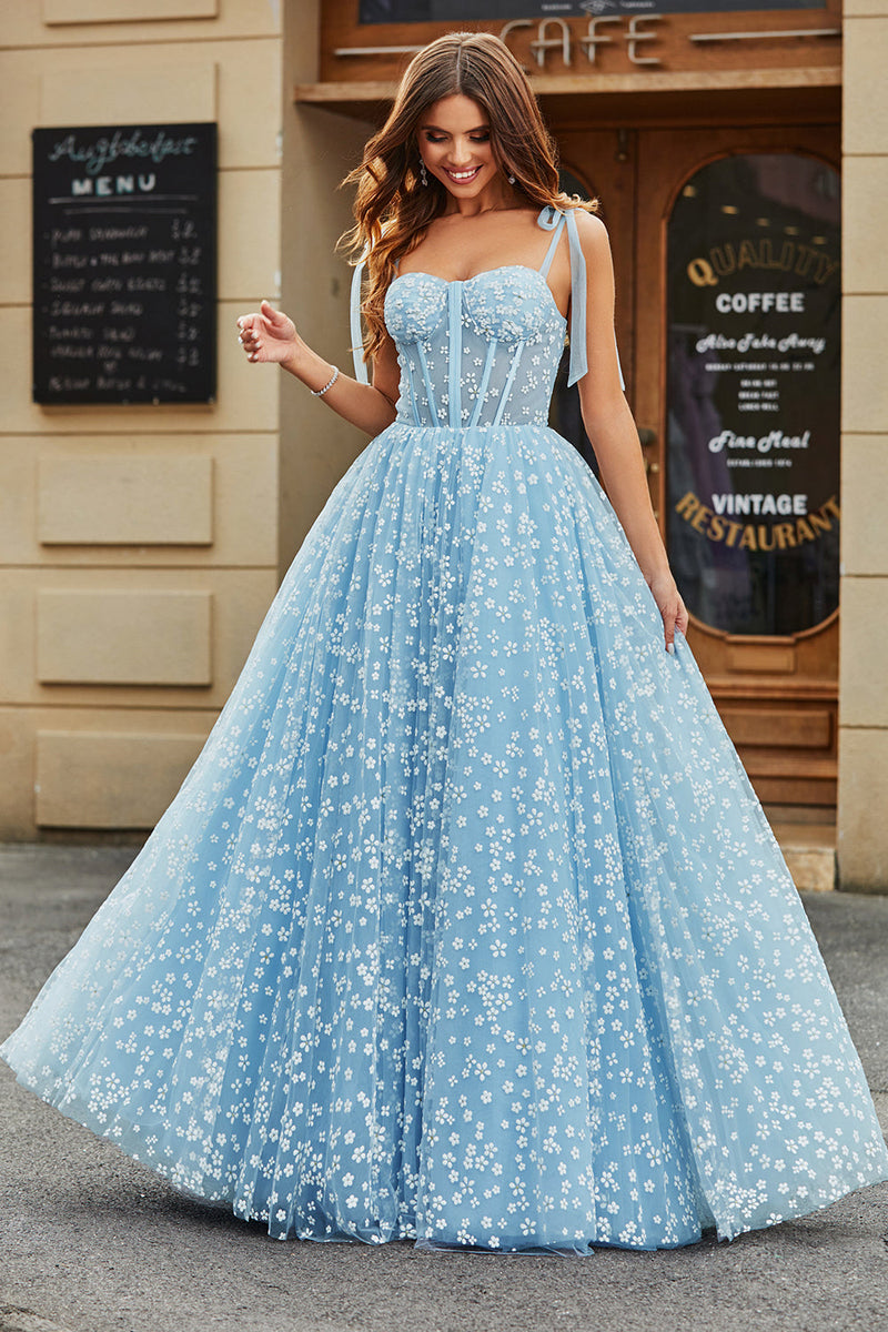 Load image into Gallery viewer, Spaghetti Straps Sky Blue A-Line Corset Formal Dress with Florals