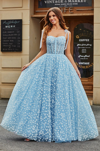 Spaghetti Straps Sky Blue A-Line Corset Formal Dress with Florals