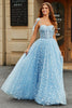 Load image into Gallery viewer, Spaghetti Straps Sky Blue A-Line Corset Formal Dress with Florals
