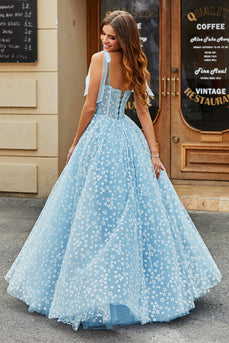 Spaghetti Straps Sky Blue A-Line Corset Formal Dress with Florals