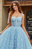 Spaghetti Straps Sky Blue A-Line Corset Formal Dress with Florals