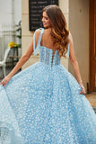 Spaghetti Straps Sky Blue A-Line Corset Formal Dress with Florals