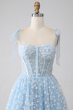 A-Line Spaghetti Straps Sky Blue Corset Formal Dress