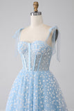 A-Line Spaghetti Straps Sky Blue Corset Formal Dress