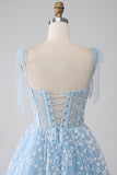 A-Line Spaghetti Straps Sky Blue Corset Formal Dress