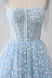 A-Line Spaghetti Straps Sky Blue Corset Formal Dress