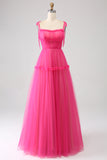 Fuchsia A-Line Ruffled Long Tulle Formal Dress