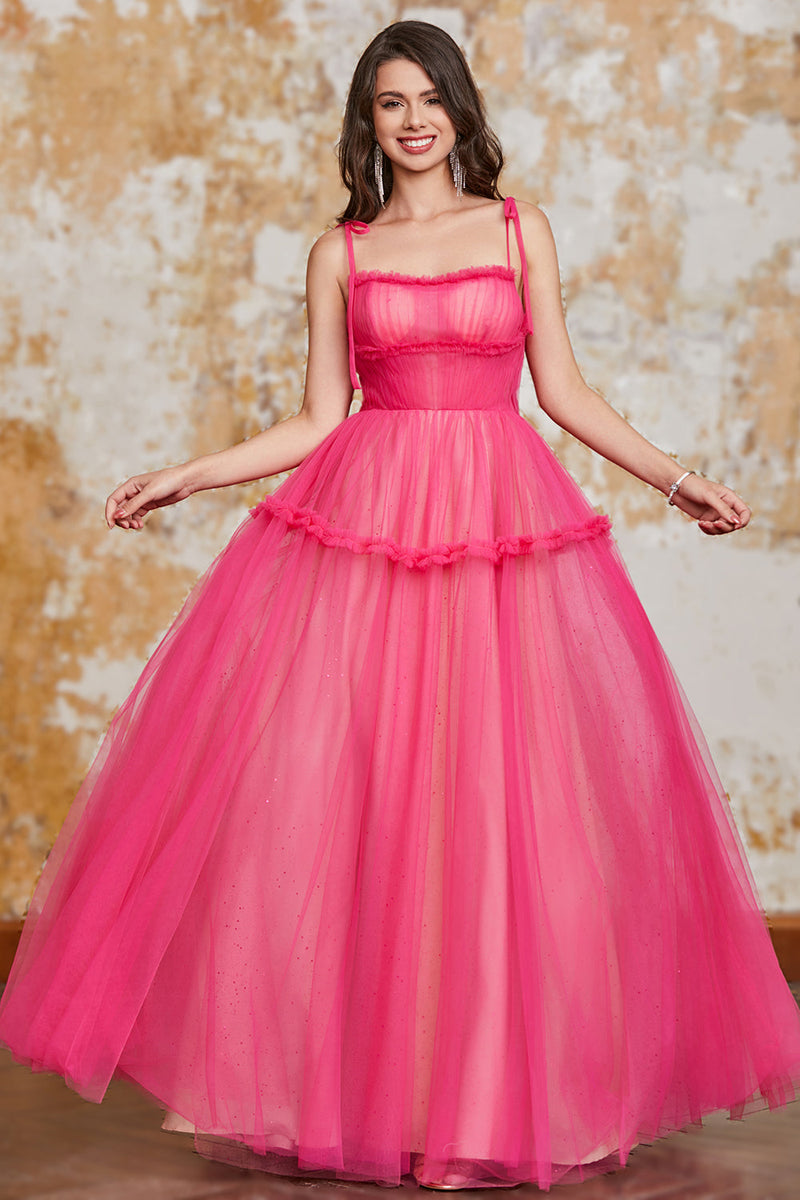 Load image into Gallery viewer, Princess A Line Spaghetti Straps Fuchsia Long Formal Dress with Ruffles