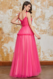 Princess A Line Spaghetti Straps Fuchsia Long Formal Dress with Ruffles