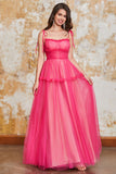 Princess A Line Spaghetti Straps Fuchsia Long Formal Dress with Ruffles