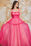 Princess A Line Spaghetti Straps Fuchsia Long Formal Dress with Ruffles