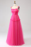 Fuchsia A-Line Ruffled Long Tulle Formal Dress