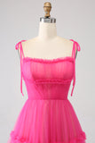 Fuchsia A-Line Ruffled Long Tulle Formal Dress