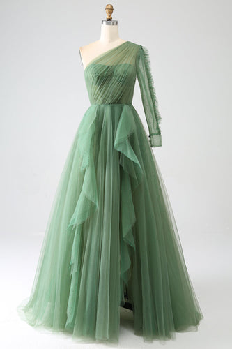 Dark Green A-Line One-Shoulder Long Formal Dresses With Long Sleeves