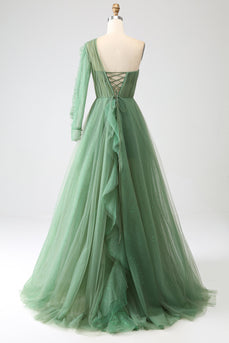 Dark Green A-Line One-Shoulder Long Formal Dresses With Long Sleeves