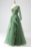 Dark Green A-Line One-Shoulder Long Formal Dresses With Long Sleeves