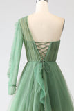 Dark Green A-Line One-Shoulder Long Formal Dresses With Long Sleeves