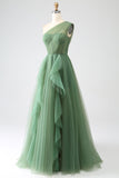 Dark Green Tulle A-Line One-Shoulder Long Formal Dresses