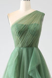 Dark Green Tulle A-Line One-Shoulder Long Formal Dresses