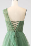Dark Green Tulle A-Line One-Shoulder Long Formal Dresses