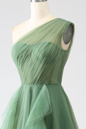 Dark Green Tulle A-Line One-Shoulder Long Formal Dresses
