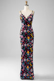 Black Floral Mermaid Spaghetti Straps Long Formal Dress With Embroidery
