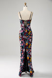 Black Floral Mermaid Spaghetti Straps Long Formal Dress With Embroidery