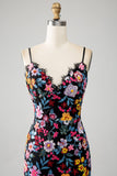 Black Floral Mermaid Spaghetti Straps Long Formal Dress With Embroidery