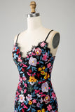 Black Floral Mermaid Spaghetti Straps Long Formal Dress With Embroidery
