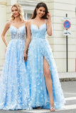 Charming A Line Spaghetti Straps Sky Blue Long Formal Dress with Split Front