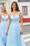 Charming A Line Spaghetti Straps Sky Blue Long Formal Dress with Split Front