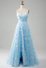 Load image into Gallery viewer, Sky Blue A Line Spaghetti Straps Sparkly Beaded Formal Dress with 3D Butterflies
