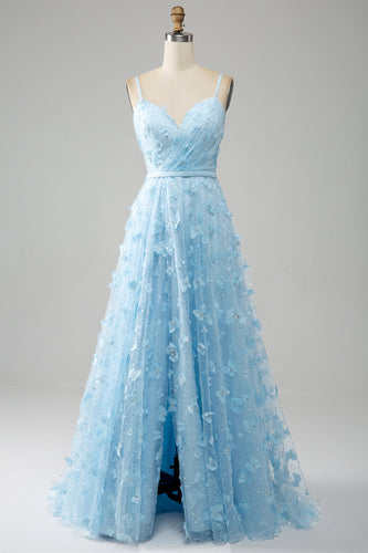 Sky Blue A Line Spaghetti Straps Sparkly Beaded Formal Dress with 3D Butterflies