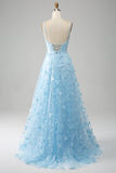 Sky Blue A Line Spaghetti Straps Sparkly Beaded Formal Dress with 3D Butterflies