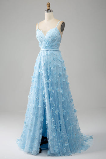 Sky Blue A Line Spaghetti Straps Sparkly Beaded Formal Dress with 3D Butterflies
