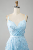 Sky Blue A Line Spaghetti Straps Sparkly Beaded Formal Dress with 3D Butterflies