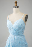 Sky Blue A Line Spaghetti Straps Sparkly Beaded Formal Dress with 3D Butterflies