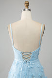 Sky Blue A Line Spaghetti Straps Sparkly Beaded Formal Dress with 3D Butterflies